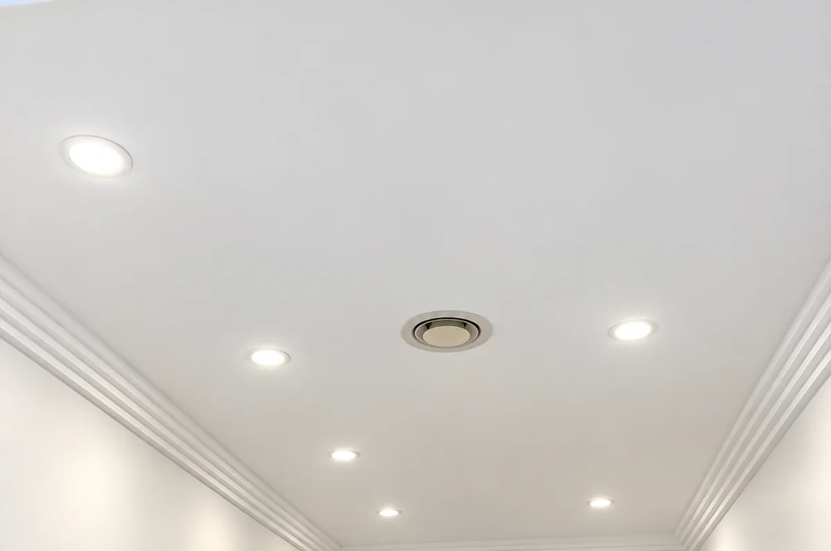 LED downlights after NSW rebate upgrade, Sydney After: same ceiling with six new 5W tri-colour LED downlights installed under the NSW rebate, bright even white light